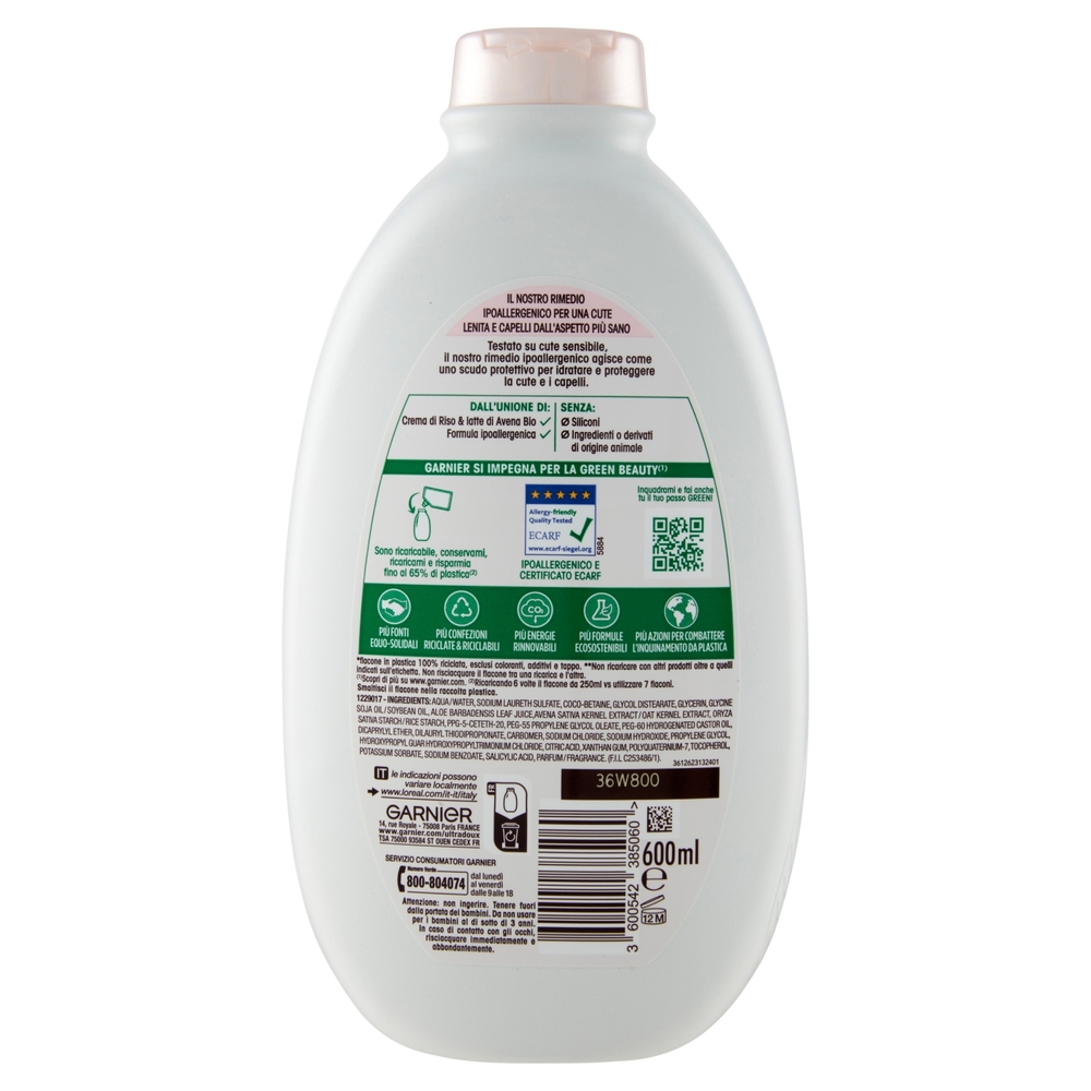 Garnier Ultra Dolce Shampoo Delicatezza d'Avena, Shampoo per Capelli e Cute Delicati, 600 ml
